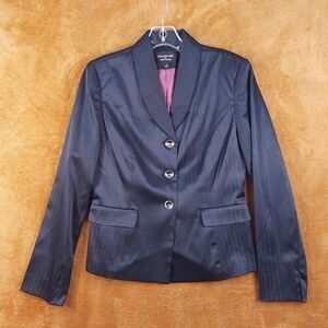 LARRY LEVINE Womens Jacket Size 4 Black Sateen Blazer Pinstripe 3 Button Lined